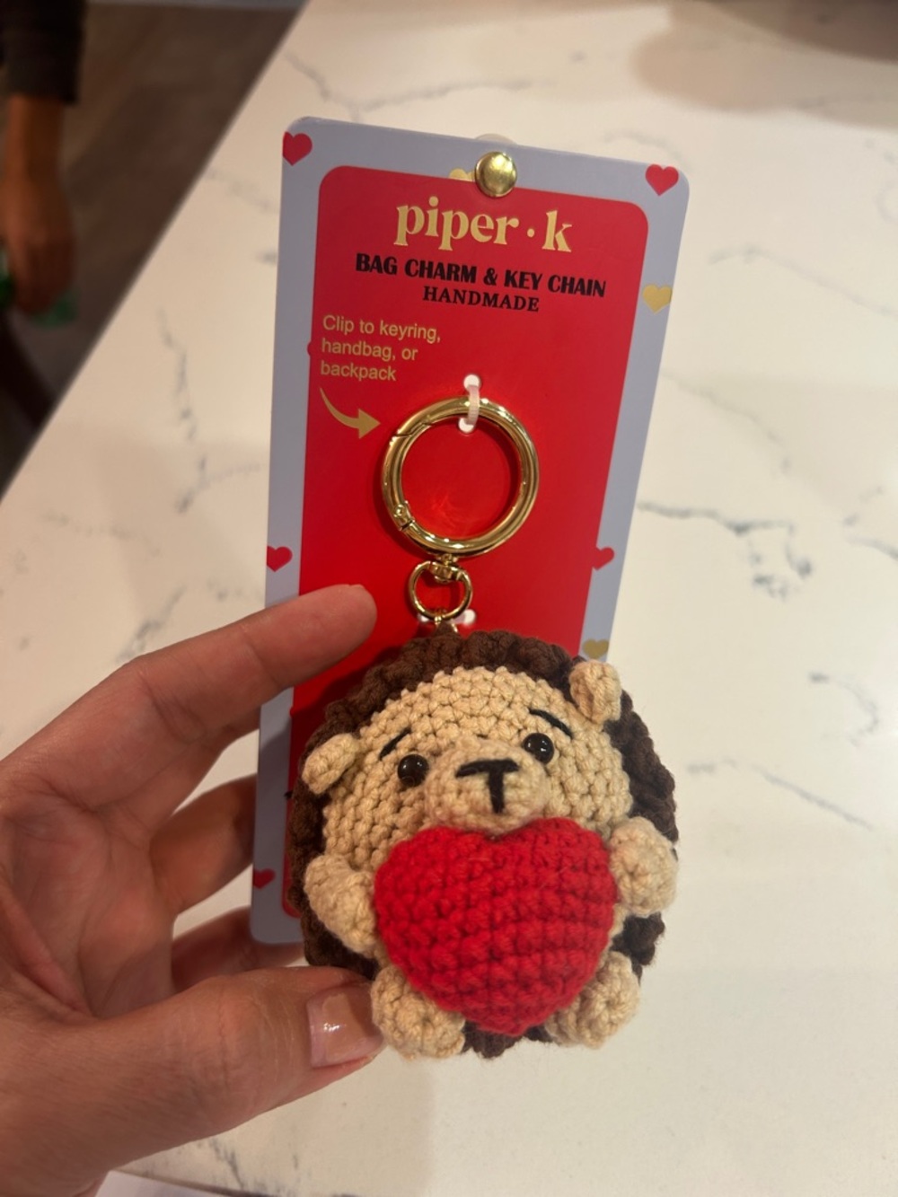 New Handmade Piper Crochet Hedgehog Keychain with Red Heart